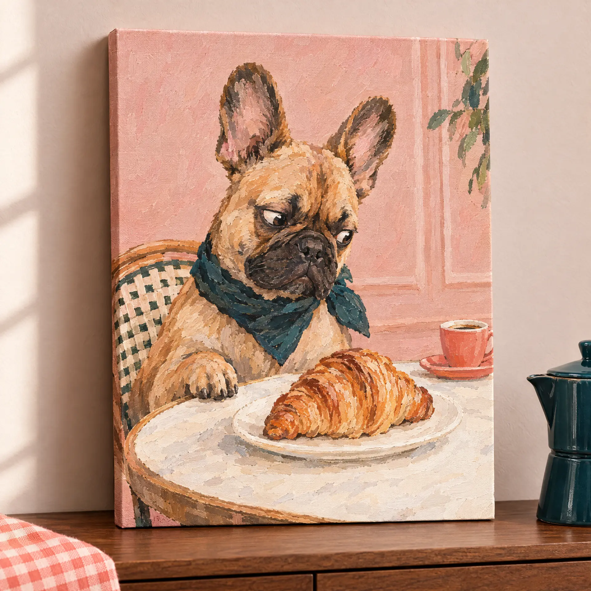Portrait of a French bulldog sitting at a table