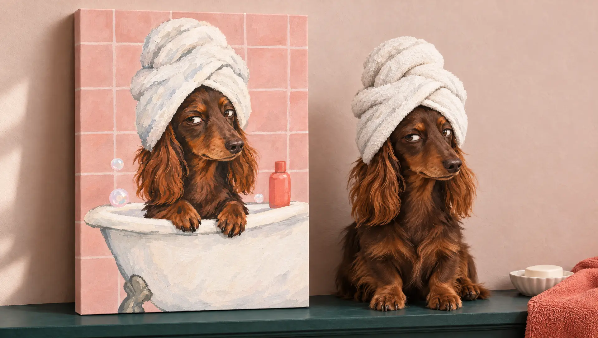 A dachshund in a towel beside its portrait on canvas