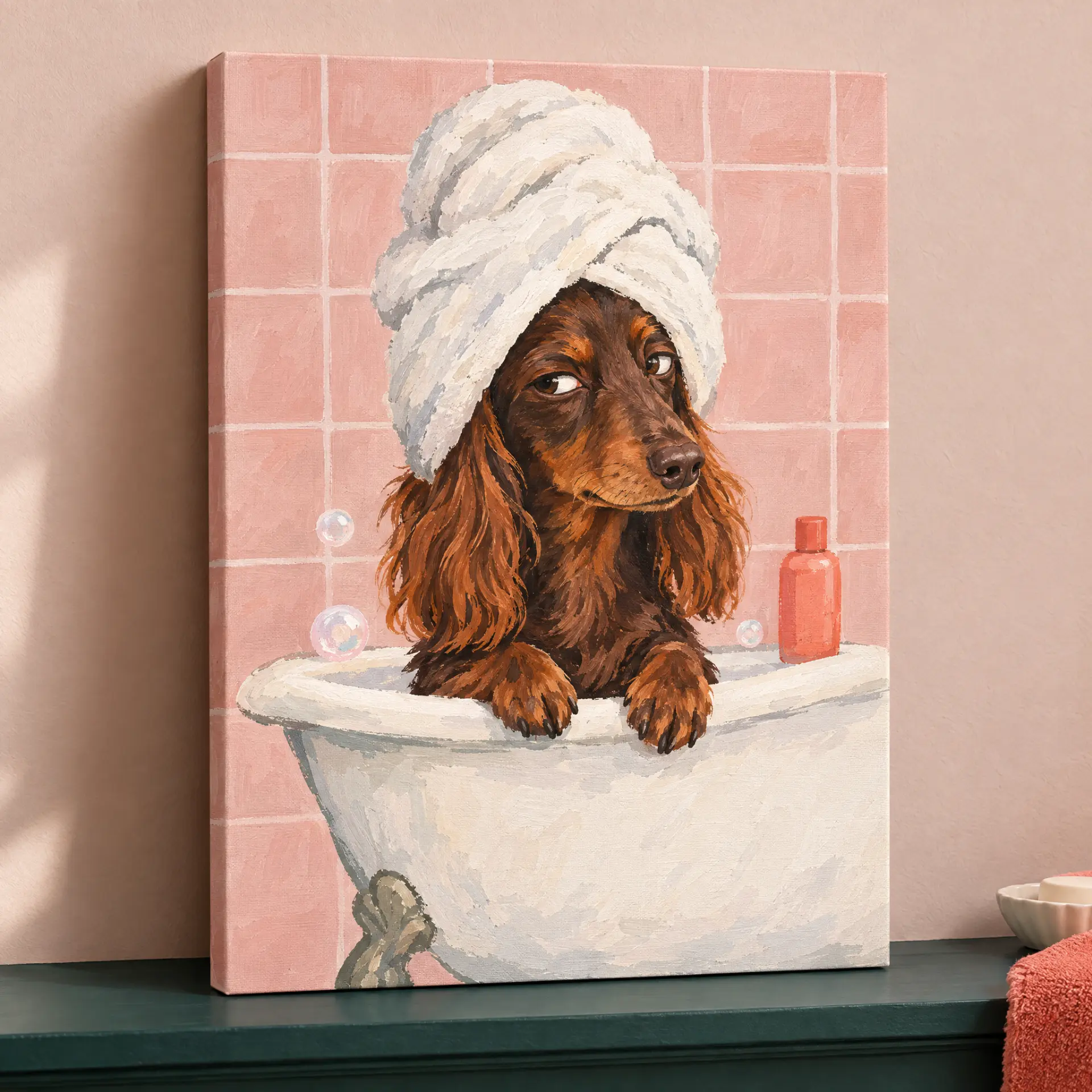 Portrait of a dog in a bath on a pink background
